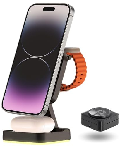 HEAVEN TECH Chargeur Induction 3 en 1 sans Fil 20W – Station de Charge pour iPhone, Apple Watch & AirPods | Design Pliable, Compact, Lumiere veilleuse Lampe LED 4 en 1
