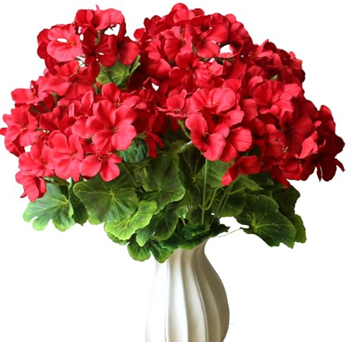 YXYQR 2PCS Artificial Flowers for Indoor Outdoor Decorations, UV Resistant, Red Fake Geraniums Silk Flower Plants, Faux Greenery Floral Arrangement for Pot Vase Porch Patio Window Box