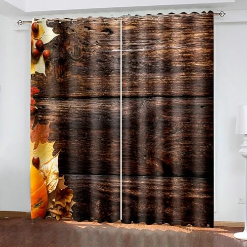 Bishilin Gardinen Verdunkelung 2er Set 137x274CM, Vorhänge Blickdicht Fenster Herbst Holzbrett Hintergrund und Ahornblätter Muster Verdunklungsvorhänge mit Ösen Jugendzimmer