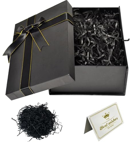 Caja de Regalo Grande con Tapa, Caja de Regalo con Lazos, Color Blanco, Juego de Tarjetas de Felicitación, Rafia Hamper Shreds para Bodas, Cumpleaños, Navidad (29 x 21 x 10,5 cm)