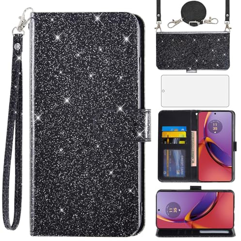 Asuwish Funda para Motorola Moto G84 5G funda con cinta protectora de pantalla tarjetero plegable brillante cuero monedero soporte G 84 84G XT2347-2 teléfono móvil fundas funda funda teléfono negro