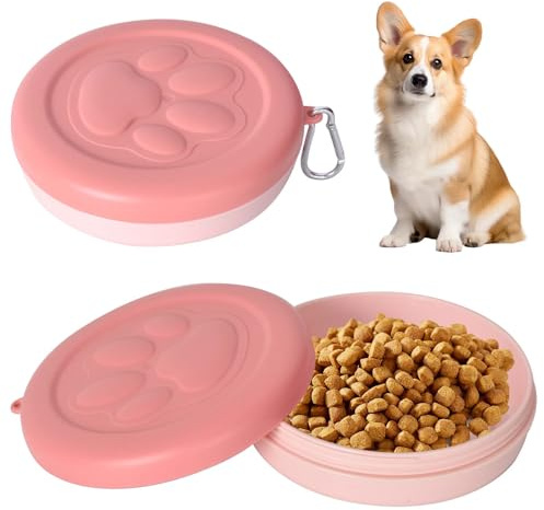 Hund- och kattmatare, bärbar hunddrickare med lock och karbinhake, plast reseskål för husdjur för att gå ut, camping och resa, lätt att bära (380 ml, 1) (rosa)