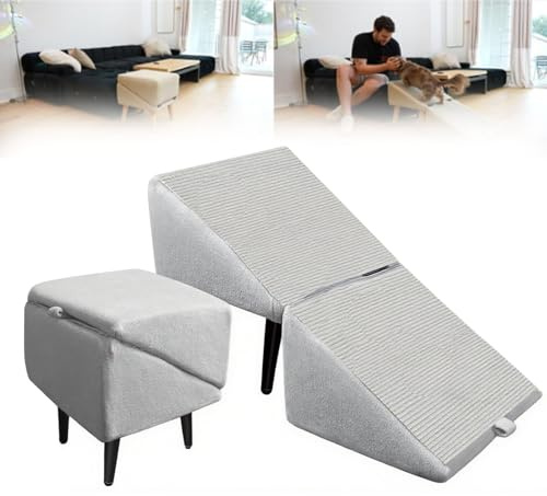 DFANCE Geteilte Ottoman Faltbare Hunderampe, 2-in-1-Sofa-Hunderampe Und Ottomane für Couchbetttreppe,All-in-One-Leichte Faltbare Haustierrampe für Große Kleine Hunde Katzen(Color:grau)