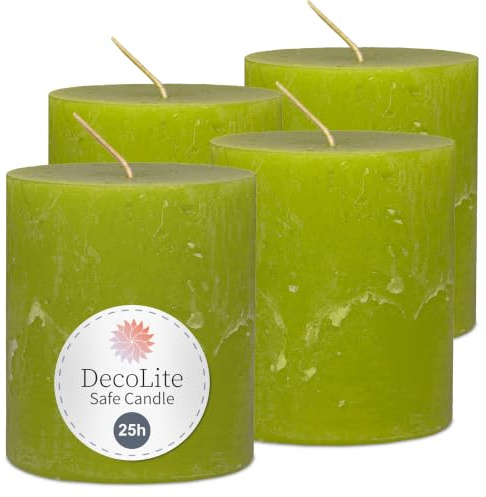 DecoLite Stumpenkerzen Rustik 7x8 cm, 25h Brenndauer, 4er Set, Lemon | Made in Germany, RAL-geprüft, selbstverlöschende Safe Candle, durchgefärbt, ruß- & tropffrei, für Deko & Gastronomie