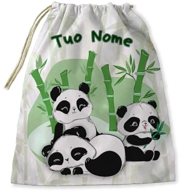 My Cust Set Asilo bavaglino con elastico personalizzato con nome Panda bambù Spugna qualita' (Sacchetto - Sacca porta bavaglini tovagliette scuola materna Elementare Nido - fantasia Panda Bambù)