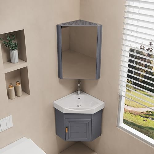 Lavabo de salle de bain mural avec meuble-lavabo, design d'angle peu encombrant, lavabo flottant pour petits toilettes invités, lavabo de salle de bain compact avec armoire miroir