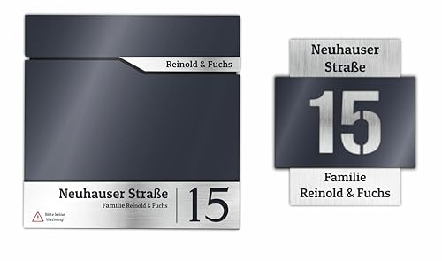 Manschin-Laserdesign Cassetta delle lettere e numero civico Set in antracite RAL 7016 con scomparto per giornali, personalizzabile su acciaio inox V2A e targhetta in alluminio, resistente alle