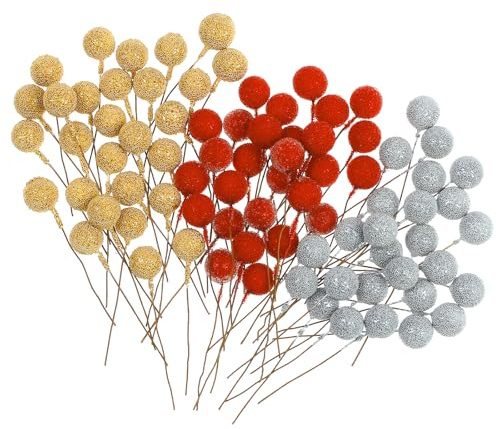 Weysoo 100Pcs Christmas Holly Berries, Artificial Berry for Christmas Tree Ornaments,Wreath Making Supplies,Xmas Party Decorations (RED+GOLD+SILVER)