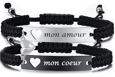 Juozyve Paar Armband Herren Geschenk : Paare Armbänder Geschenk für Sie und Ihn Pärchen Armbänder Silber Schwarz Edelstahl Handgefertigt Geflochten Armband für Beide Männer Frauen (mon amour)