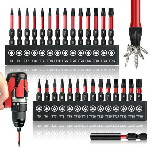 Jeu de 29 Pièce T5-TT40 Embout Torx 25 MM et 50 MM Embout Visseuse Aimanté en Acier S2 Tige Hexagonale 1/4 Pouce avec Barre D’ Extension Magnétique Solide Accessoires pour Visseuses Électriques