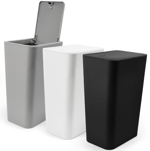ASOUUNLD Mülleimer 10 L 3er Set mit Pop-Up-Deckel Geruchsdicht | PP Abfalleimer in Schwarz, Weiß und Grau für Küche, Bad, Büro und Schlafzimmer, platzsparendes Design