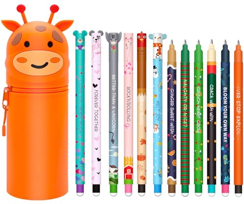 HTGWCG Radierbarer Gelschreiber Set + 2-in-1 Farm Silikon Federmäppchen, Gel Pens für löschbare Stifte mit thermoempfindlicher Löschtinte 0,7 mm (Giraffe +12 löschbarer Stift)