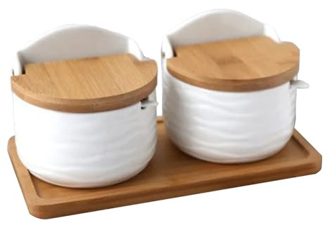 Salero Con Tapa: 2 Saleros De Cerámica, Almacenamiento De Cucharas De Madera, Caĵa De Condimentos, Tarro De Cocina, Construcción Robusta | Herramienta De Mostrador Confiable Para Cocinar, Organización