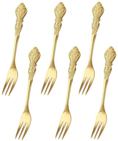 RuiChy 6 Pcs Vintage Embossed Dessert Forks, Court Style Stainless Steel Cake Forks 5 Inch Pastry Fork Cocktail Salad Appetizer Fruits Fork for Home Restaurants Picnic Banquet Catering Party (Gold)