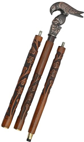 Floral Carved Wooden Walking Stick with Brass Skull Raven Handle, Vintage Decorative Cane for Everyday Use, Handcrafted Luxury Walking Cane for Men & Women, Gift & Collector Item