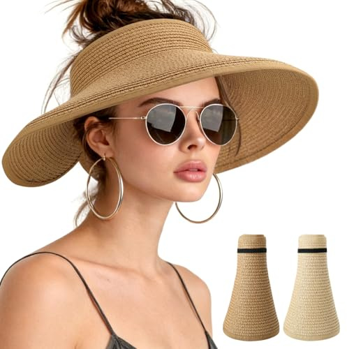 ViEinkaufen 2 PCS Sun Visor Hats for Women Wide Brim Straw Hats Women Wide Brim Straw Ponytail Summer Beach Hat Packable Foldable Travel,Beige,Khaki