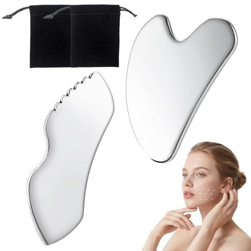 2 Stück Gua Sha Edelstahl, Gua Sha Stein Gesichtsmassage Guasha Stein | Scraping Gesichtswerkzeug Massage Tool Reduzierung Metall Lymphdrainage Massageschaber für Gesicht Augen Hals Körper