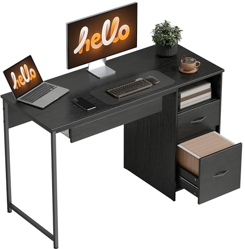 HOMCOM Scrivania Ufficio, 120x52.3 cm Scrivania Salvaspazio con Vassoio Tastiera, Vano Aperto e Cassetti per Documenti Formato A4 Lettera Legale, Tavolo Computer per Casa Studio Ufficio, Nero
