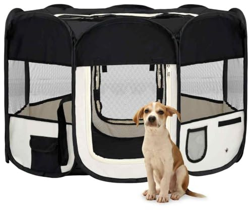 Faltbarer Welpenlaufstall mit Tragetasche Schwarz, 110x110x58 cm, Stabiler Stahlrahmen, mit Reißverschluss, luftdurchlässiges Netz, ideal als Welpenauslauf, Hundegitter Wohnung