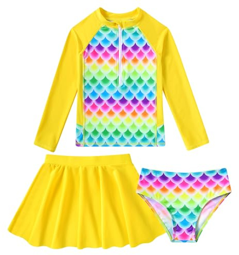 ALISISTER Mermaid Swimming Costume for Girls Long Sleeve Swimwear 3 Piece Zipper Swimsuits for 7-8Years Swim Bathing Costume Yellow