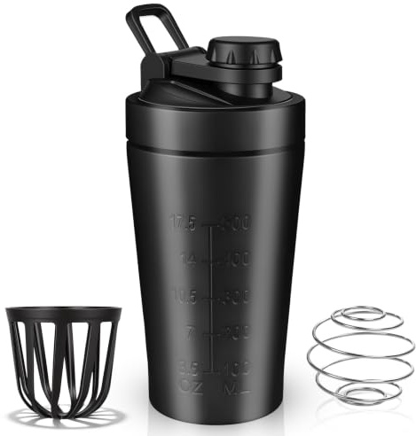 AOOWU Coctelera de Proteína de Acero Inoxidable 600 ml, BPA Libre, Protein Shaker con Bola Mezcladora y Cepillo limpieza, Botella Batidora de Proteínas, Coctelera de Proteína Sport Fitness (Negro)