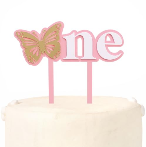 Acrylic Butterfly-Shaped One Cake Topper — Crafted from soft lilac-pink and gold acrylic; an ideal accessory and photo prop for baby girls' Smash Cake celebrations.(Pink Butterfly)