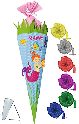 alles-meine.de GmbH BASTELSET Schultüte - Nixe - Meerjungfrau & Fische - 85 cm - incl. Schleife + Name - mit/ohne Kunststoff Spitze - Zuckertüte - Set zum selber Basteln - ..
