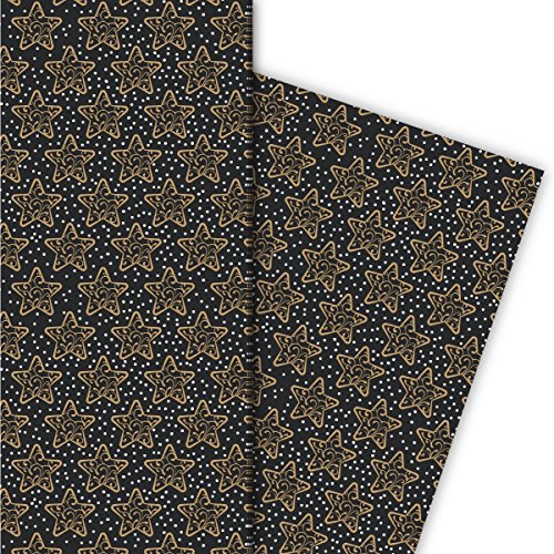 Kartenkaufrausch Winter Weihnachtspapier, Geschenkpapier Set zu Weihnachten mit Ornament Sternen, grau schwarz, als edle Geschenk Verpackung, Designpapier, scrapbooking, 4 Bogen, 32 x 48cm