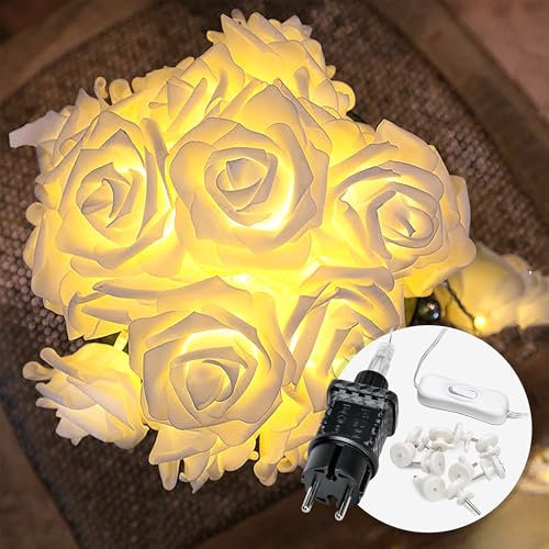CozyHome Deko Rosen Lichterkette - 5 Meter & 20 Blumen LED Warmweiß I Strombetrieben mit Stecker I Rosenkette Frühling Lichterketten Blumengirlande mit Licht I Frühlingsdeko Moderne Dekolichterketten