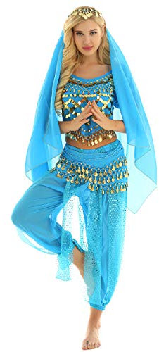 ranrann Damen Bauchtanz Orientalischer Tanz Kostüm Oberteil Hose Kopftuch Hüfttuch mit Münzen Arabischene Verkleidung Tanzkostüm für Performance Auftritt Hellblau Einheitsgröße
