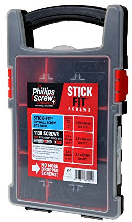 Phillips Stick-Fit Schnellbauschrauben Baustellenpaket – 1130 Hochleistungsschrauben in 5 essentiellen Größen & 3 Stick-Fit-Schraubendreher-Bits