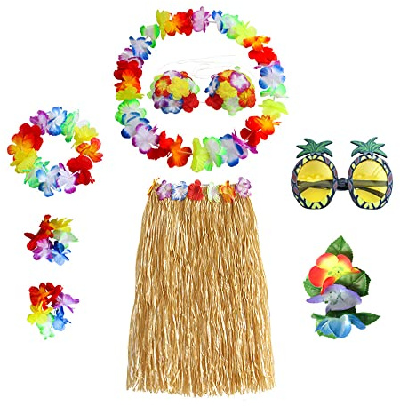 8PCS Hula Skirt Costume Hawaiian Leis Dancer Dress Set with Flower Bikini Top, Hawaiian Lei, Hibiscus Hair Clip, Pineapple for Adults Fancy Dress Supplies Party Summer Beach Tropical Party Decorations