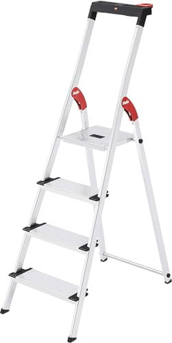 Hailo L75 ComfortLine Alu-Sicherheits-Stehleiter Jubiläumsmodell - 4 XXL-Stufen bis 150 kg - Stehleiter mit Ablagen, Bit-Steckplätzen, Akkuschrauber Halterung - Aluleiter Made in Germany - Silber
