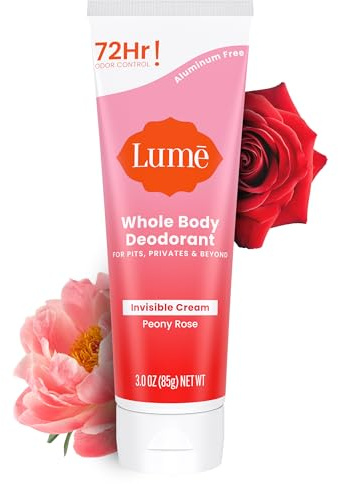 Lume Whole Body Deodorant - Invisible Cream Tube - 72 Hour Odor Control - Aluminum Free, Baking Soda Free, Skin Safe - 3.0 ounce (Peony Rose)