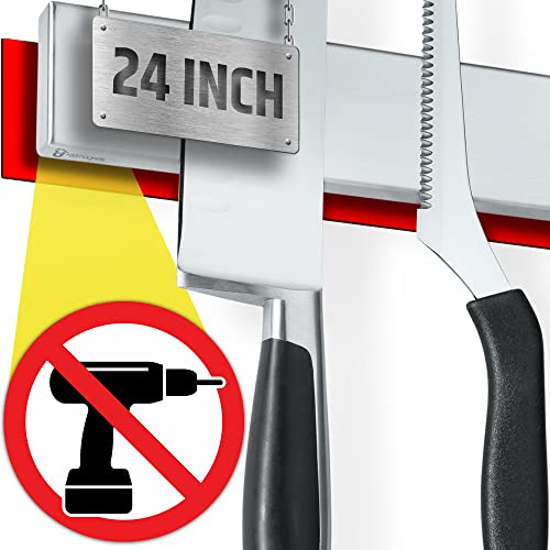 24 Strong Adhesive (No Drill) Magnetic Knife Holder for Wall - Professional Knife Strip - No Screws Needed - Adhesive Backing - Stainless Steel Knife Bar (Upgraded Version – Will Not Fall)
