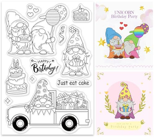 GLOBLELAND Geburtstags Thema Stempel, transparenter Wichtel, Elf, Party, Kuchen, Silikonstempel, Cupcake Pickup, Geschenk Popper Ballon, transparenter Stempel für Papierkartenalbum