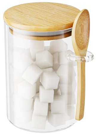 KOIKEY Sugar Jar Glass Salt Container,15 Ounces Clear Airtight Caning with Bamboo Lid and Spoon Scoop, Storage Overnight Oats, Salts, Coffee Bean, Spice, Creamer, Food Organizer, Pack of 1