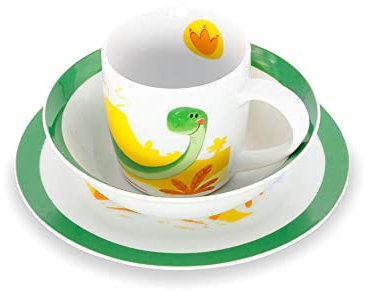 GREENBOX Vajilla de porcelana para niños, juego de desayuno de 3 piezas, apto para lavavajillas, taza blanca, plato, tazón, tazón, juego con motivo, ideas de regalo para niños, vajilla divertida para