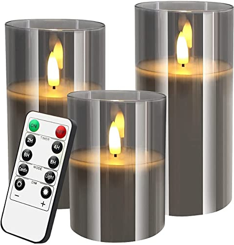 Britesta LED Kerze Timer: 3er-Set LED-Echtwachskerzen in grauen Acrylgläsern, 3 Größen (Kerzen/Echtwachs mit Timer, Kerzen mit Zeitschaltung, Licht)