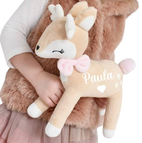 minipishop® Kuscheltier personalisiert REH Kuscheltier mit rosa Schleife I personalisiertes Kuscheltier zur Geburt und für die Schultüte zur Einschulung