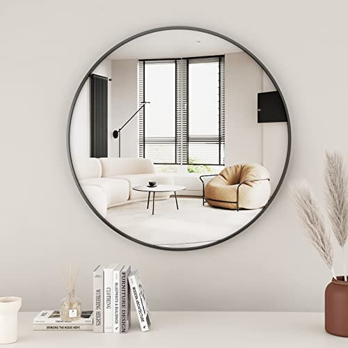 Koonmi Miroir Mural Rond Noir 60 cm avec Cadre en métal brossé pour Salle de Bain, lavabo, Salon, Chambre à Coucher, entrée Murale…