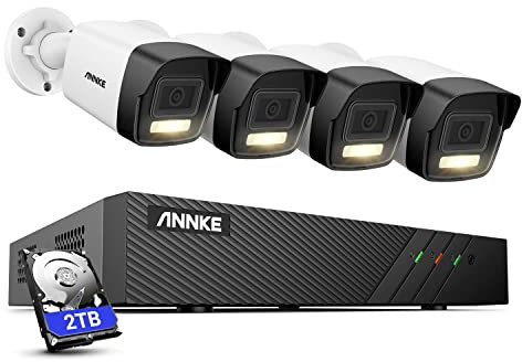ANNKE 3K Überwachungskamera Set, Personen-/Fahrzeugerkennung 4X 5MP PoE IP Kamera mit Scheinwerfer Aussen und 8CH 2TB HDD NVR für 24/7 Aufzeichnungen, Farb-Nachtsicht, 120dB WDR, H.265+, IP67