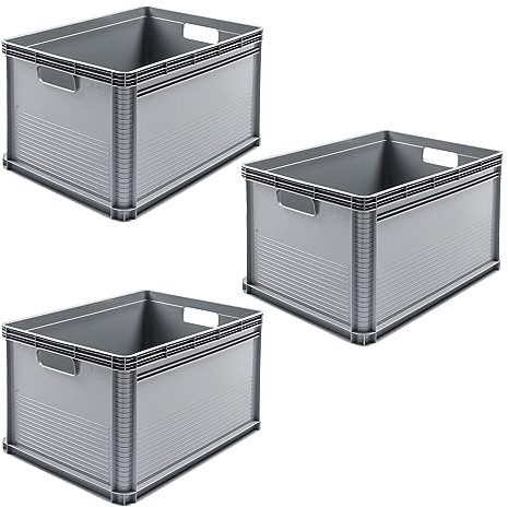 keeeper Set de cajas de transporte, 3 x 64 L, Apilable, Polipropileno, Robert, Gris nórdico