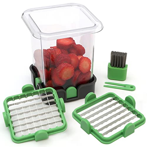Strawberry Slicer - Fruit Slicer with Container - Pro Soft Food Chopper - Detachable Fruit Cutter Chopper with Push Plate - 2 Blades - Green
