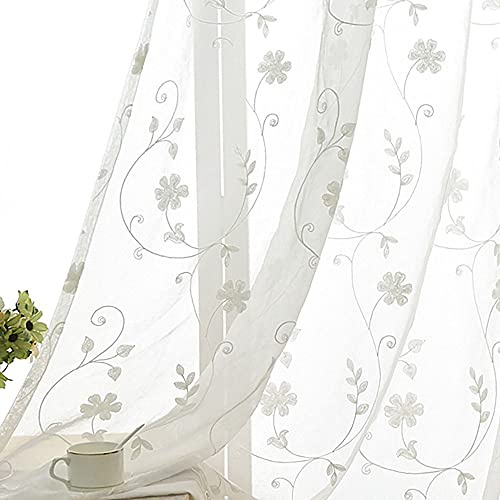 SLOW SOUL 2er Set Weiß Gestickte Blumen Gardinen Für Schlafzimmer Wohn-Esszimmer Landhaus Gardinen Vorhang Mit Stabtasche 132 x 175 cm (B x H)