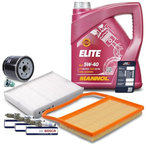BESTPRICE Inspektionspaket Filterset mit 1x Ölfilter, 1x Innenraumfilter, 1x Luftfilter, 4L Motoröl 5W-40 MANNOL ELITE API SN/CH-4, 3x Zündkerze, Kompatibel mit SEAT Mii, SKODA CITIGO, VW UP!, LOAD UP