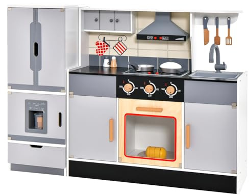COSTWAY Kinderküche mit trennbaren Kühlschrank, Spielküche aus Holz mit Lichter, Musik, Sound, 3 Haken & 3 Fächern, Holzküche mit 12 Zubehör, Spielzeugküche für Kinder ab 3 Jahren