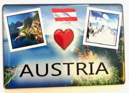 Österreich Souvenir Kühlschrankmagnet – Austria – Hochglanz Epoxy Dekomagnet mit Bergmotiv -Reiseandenken aus Österreich-Souvenir Magnet Austria