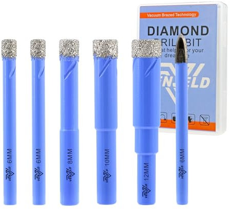 VENJELD Set Punte Trapano Diamantate - 6/6/8/10/12mm 5 Pezzi Punte per Piastrelle e 1 Pezzo 6mm Trapano al Carburo per Ceramica Porcellana Marmo Granito - Gambo Tondo con Custodia