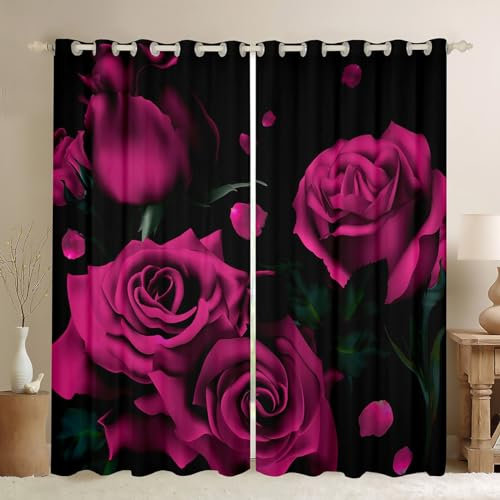 Pink Rose Darkening Dreapes Kids Rose Floral Flower Curtains for Bedroom Living Room Garden Flower Blackout Curtains Valentine's Day Window Treatments W52*L90